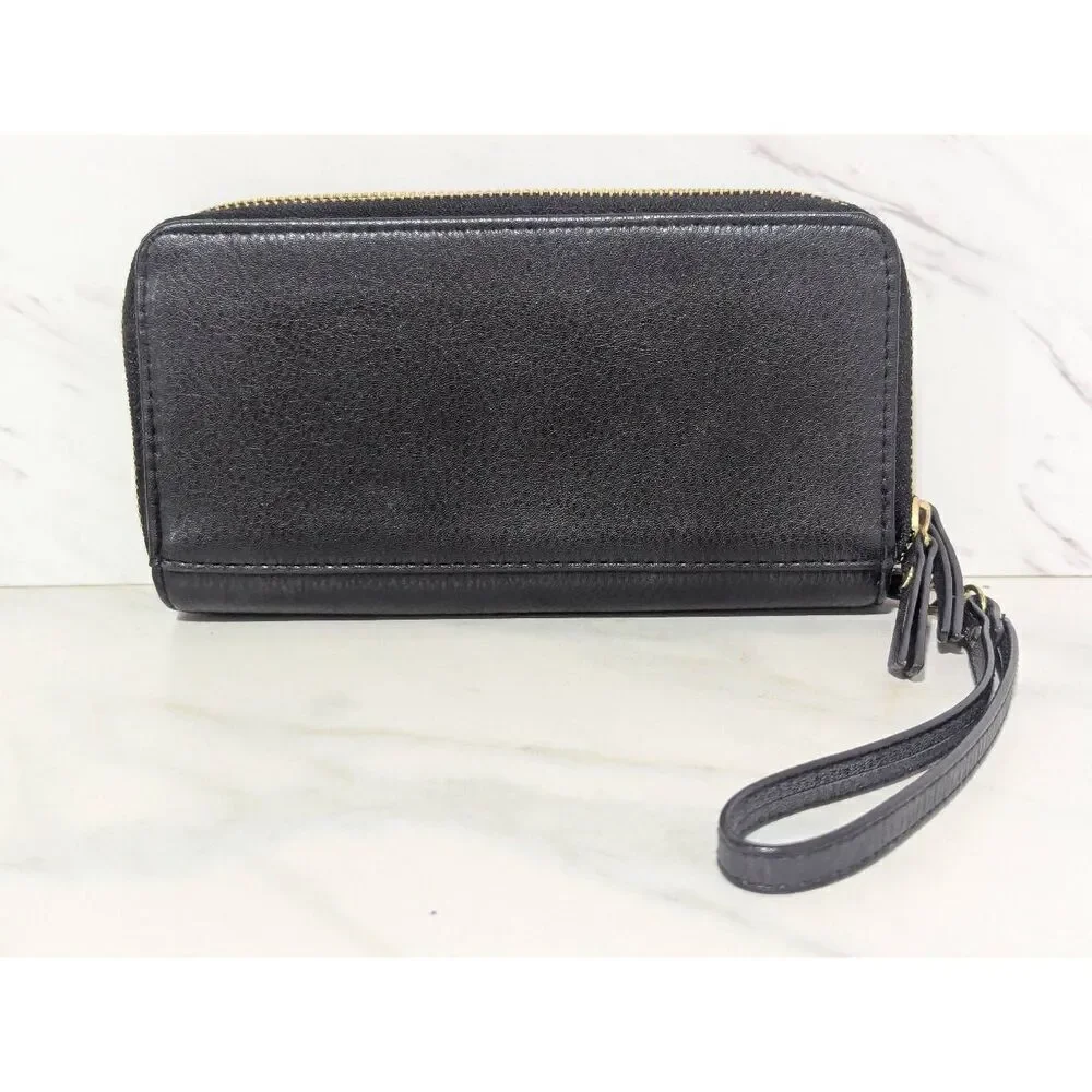 Enzo Angiolini Women's Black Leather Two Compartment Zip Close Wristlet Wallet